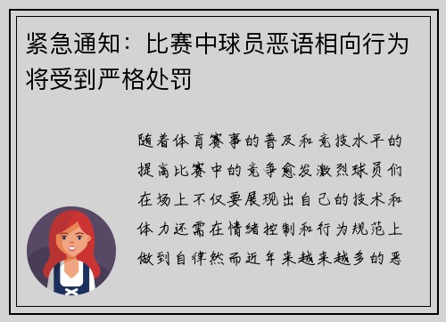 紧急通知：比赛中球员恶语相向行为将受到严格处罚