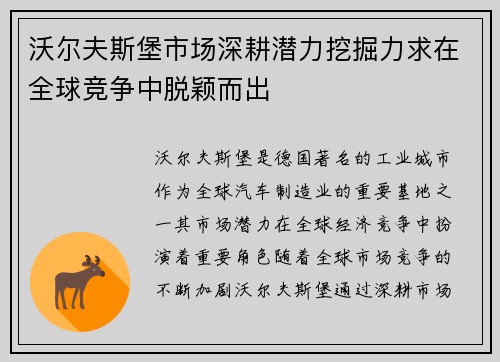 沃尔夫斯堡市场深耕潜力挖掘力求在全球竞争中脱颖而出